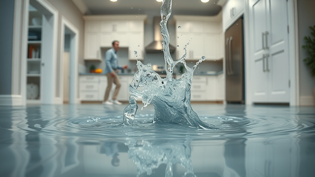 burst pipe flooding modern kitchen, water damage lexington sc, homeowner in background, detailed splash, upscale home