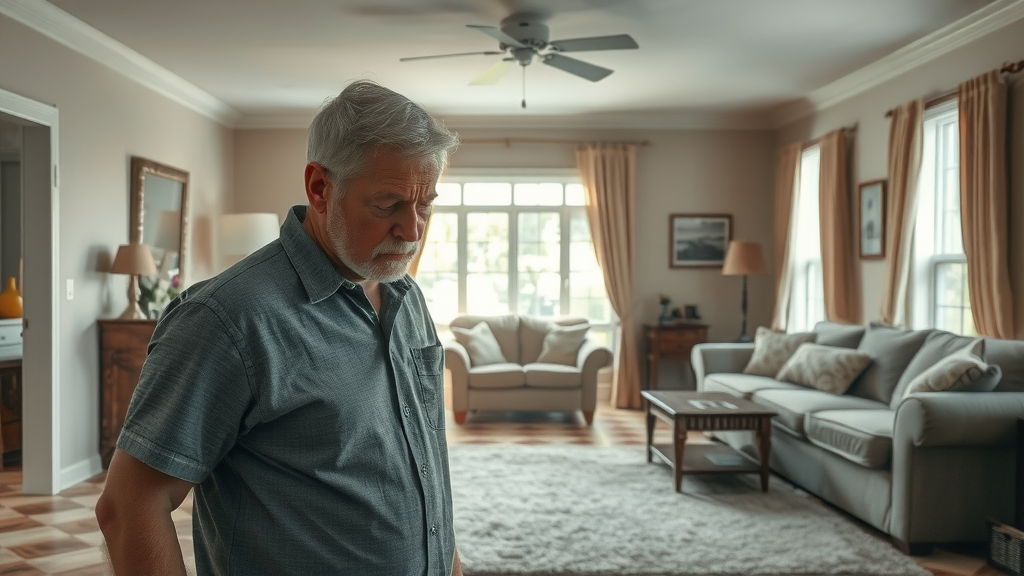An older man with gray hair and a beard stands pensively in a bright, neatly furnished living room with large windows, a sofa, armchairs, and light-colored curtains.