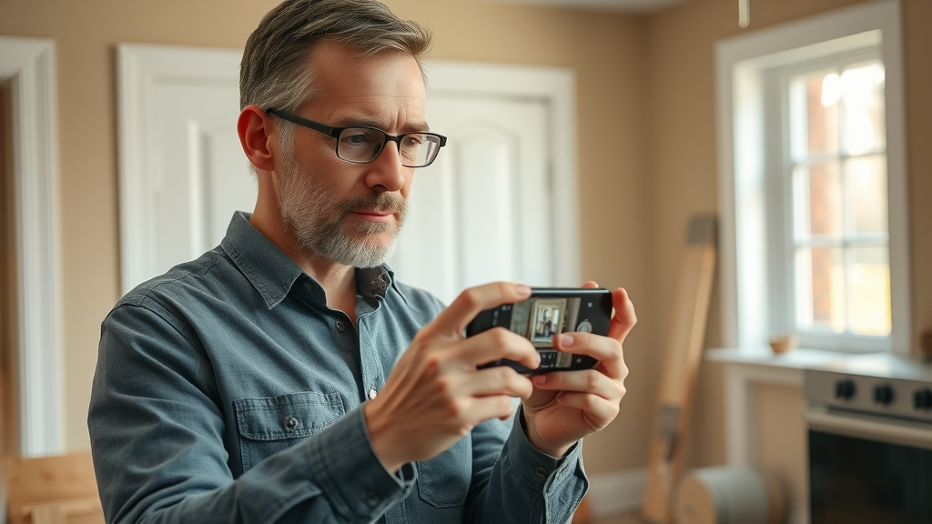 homeowner taking photos of water damage in lexington sc for insurance claim, smartphone, visible repairs, insurance for water damage lexington sc