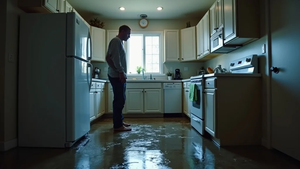 Homeowner assessing water damage in a flooded Columbia SC kitchen with water pooling on floor and cabinets, personal belongings at risk