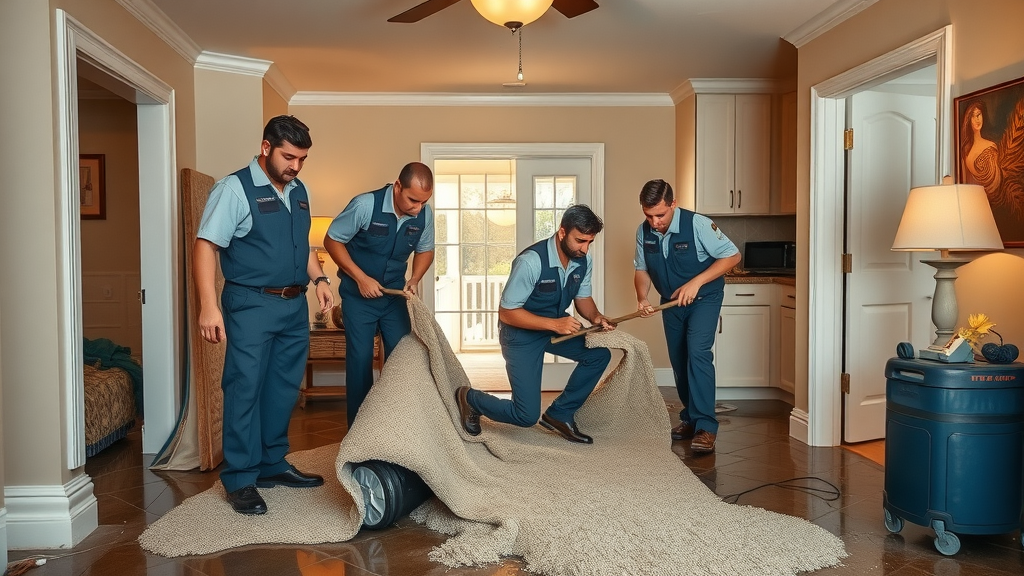 Restoration workers removing soaked carpet for water damage cleanup lexington home