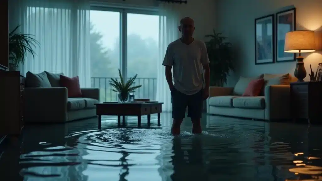 water damage restoration flooded living room anxious homeowner Columbia SC