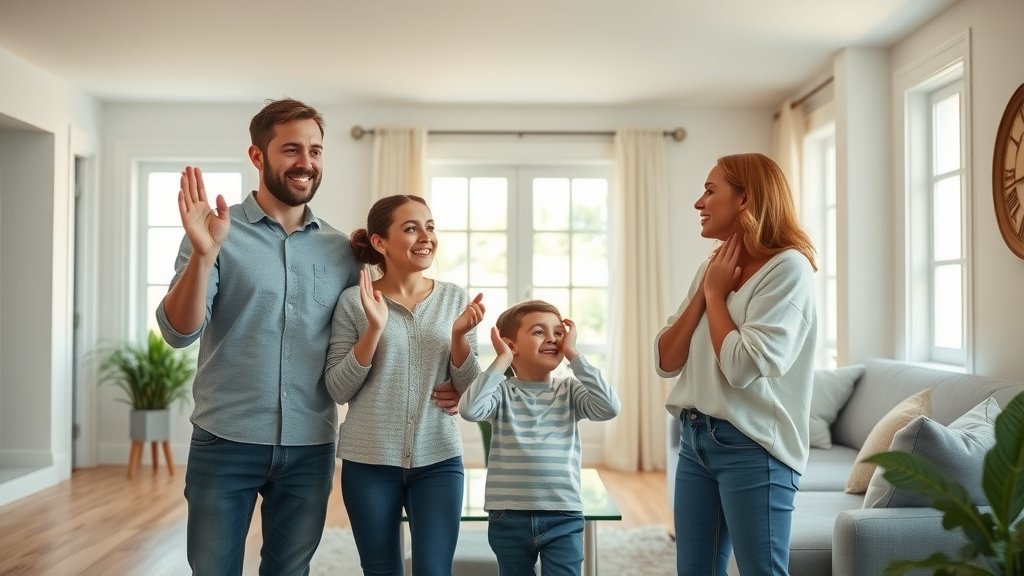 Relieved Lexington homeowner family inspects beautifully restored living room after water damage cleanup and repair