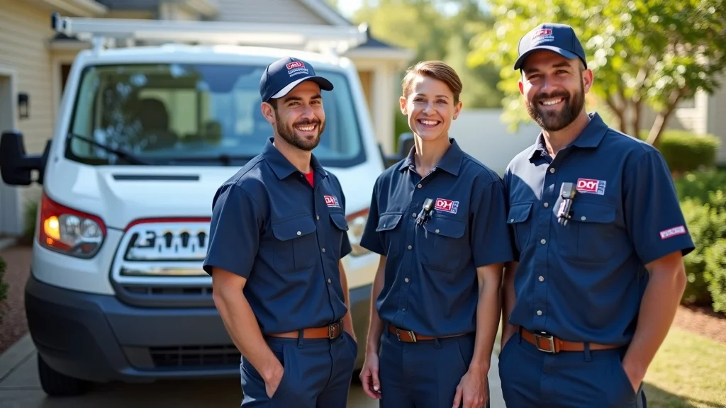 Local water damage repair team in Columbia SC standing by branded service van, greeting a homeowner, personal and professional approach