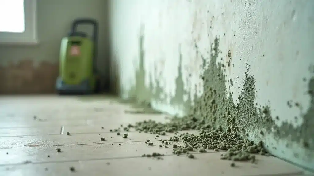 Closeup of mold growth on residential drywall—prevent mold with emergency water removal Columbia SC, photorealistic detailed mold texture