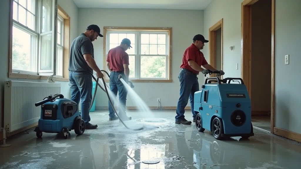 Professional water cleanup equipment operating in a Columbia SC home, technicians using extractors and air movers in a water-damaged room