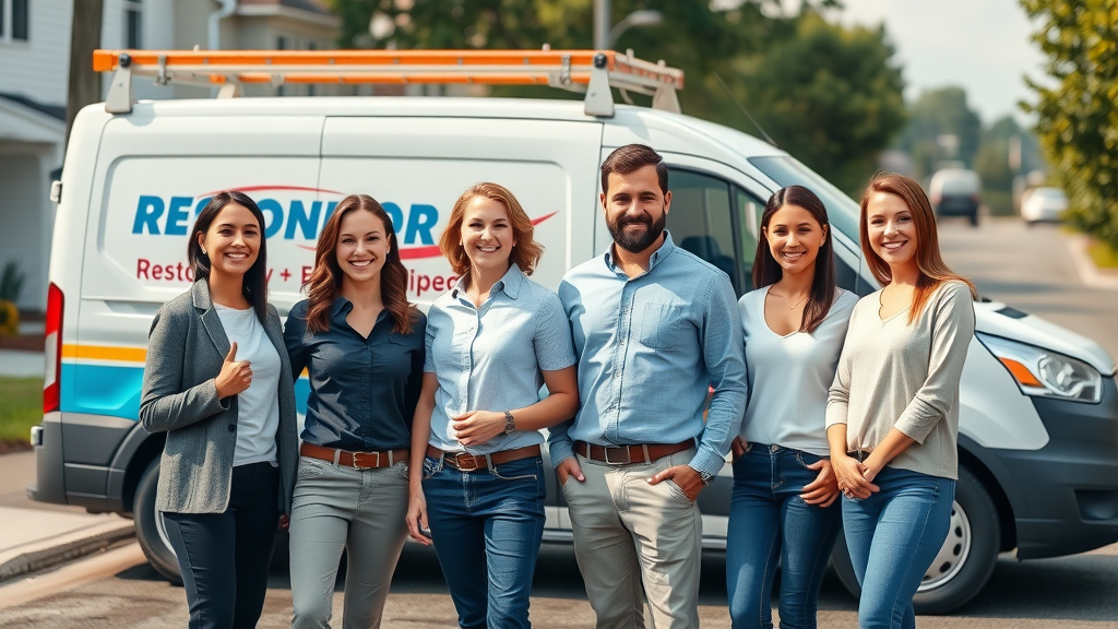 Friendly professional restoration team stands in front of company van, ready for water damage repair in Lexington SC