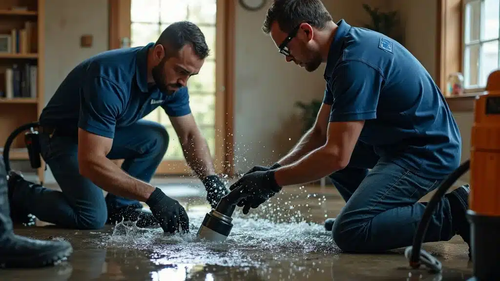 Professional restoration team operating industrial water extraction pumps—water damage restoration Columbia SC, photorealistic technicians with extraction equipment