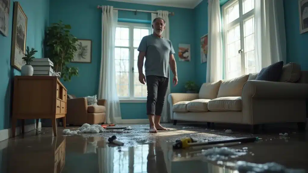 Worried homeowner inspecting water-damaged living room—emergency water removal Columbia SC, photorealistic anxious homeowner with water pooling around furniture