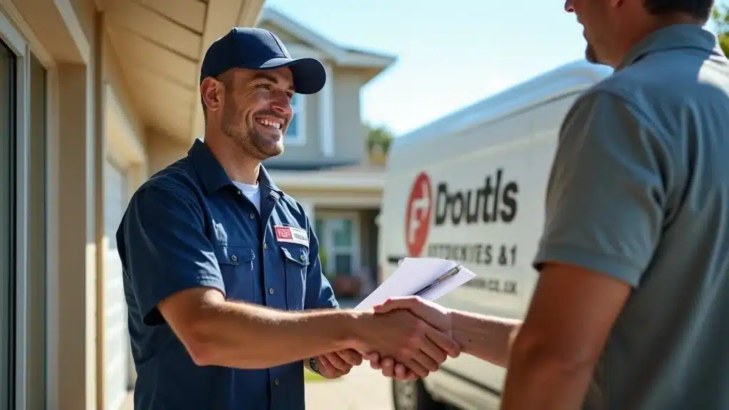 Friendly professional restoration technician in branded uniform—water damage experts in Columbia SC, photorealistic, technician and homeowner handshake at doorstep