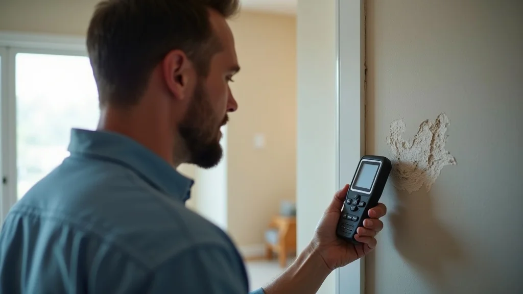 Certified technician using moisture meter to inspect water-stained wall in Columbia SC home, modern tools and reassuring service