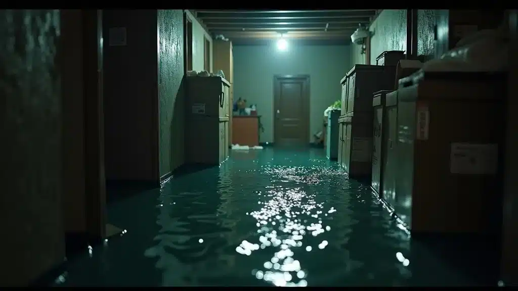 Flooded residential basement with visible high water line—emergency water removal Columbia SC, photorealistic water damage in home basement