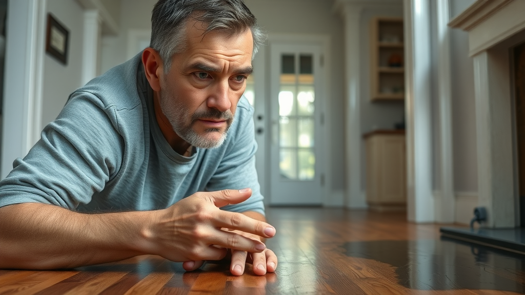 Anxious Lexington homeowner examines water-damaged hardwood floor after a burst pipe, cost of water damage repair lexington