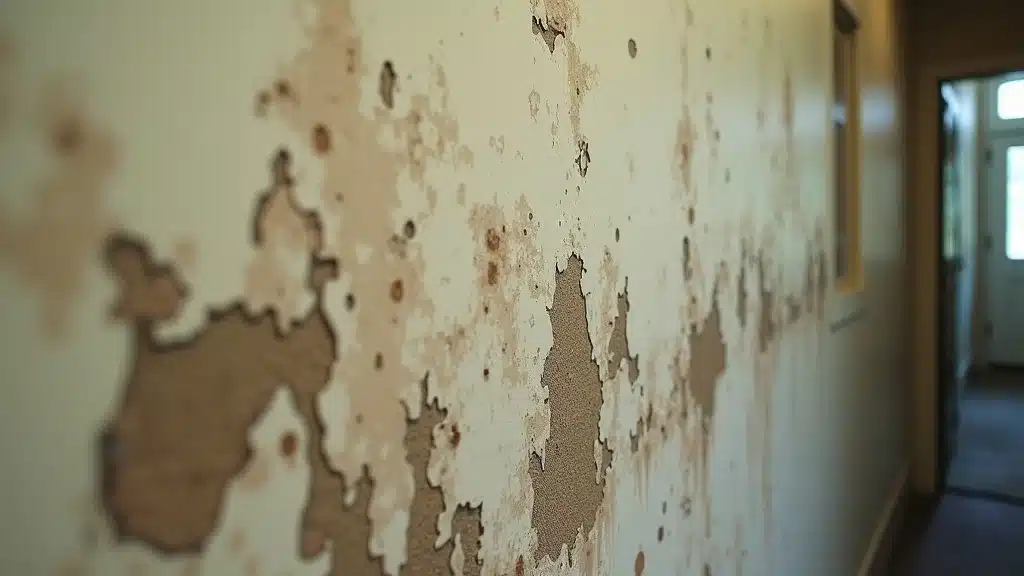 Warning visual of mold on water-stained drywall in a Columbia SC hallway, water damage cleanup, photorealistic, close-up