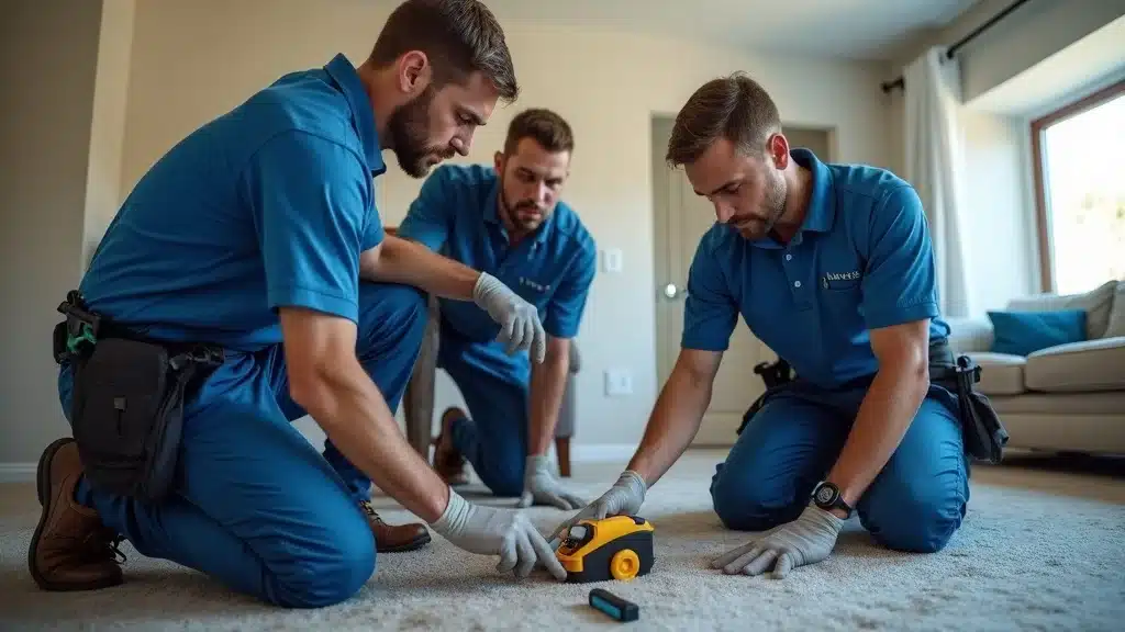 Process-focused water damage professionals at work, water damage cleanup, team evaluating damage, Columbia SC