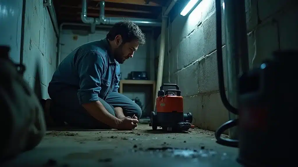 Homeowner inspecting sump pump for failure and water entry after basement flood in Columbia SC