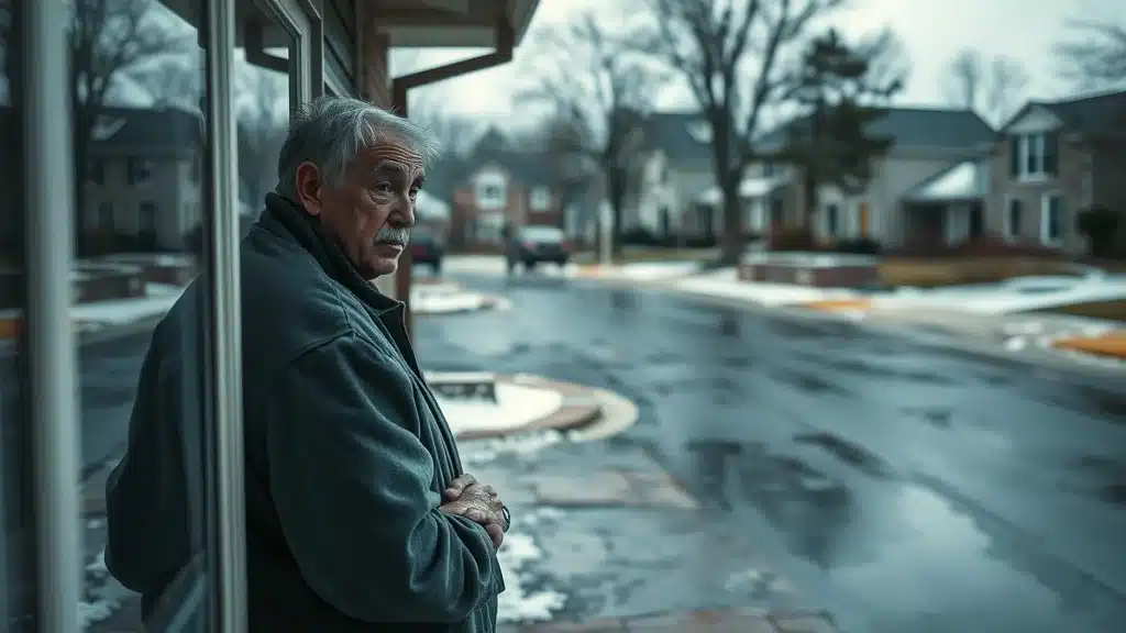 An older man stands outside near a building, looking thoughtfully at a quiet, wet suburban street on a cold, overcast day. Bare trees and houses line the street, with patches of snow on the ground.