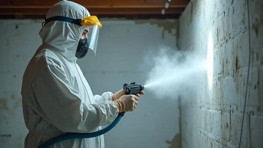 Remediation professional applying antimicrobial solution during mold remediation services in Columbia SC basement