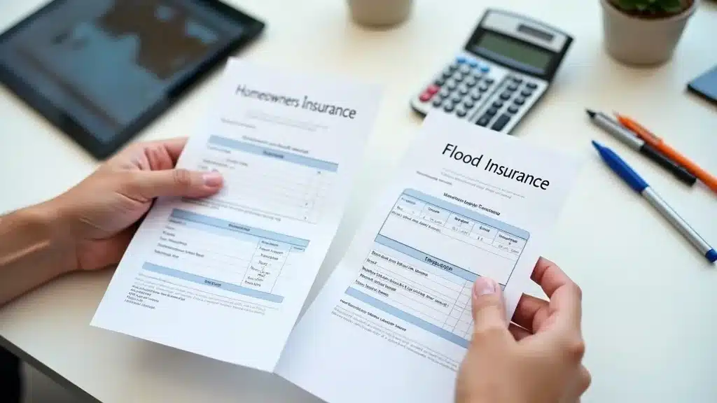 Comparing homeowners insurance and flood insurance paperwork—insurance water damage claims documentation