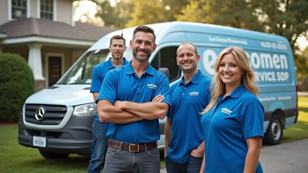 Trusted water damage restoration professionals in Columbia SC, posing with equipment for insurance water damage claims