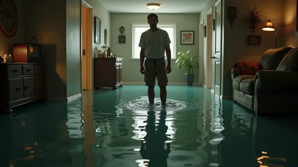 Dramatic flooded residential basement during water removal, showing a concerned homeowner and visible water damage after a basement flood in Columbia SC
