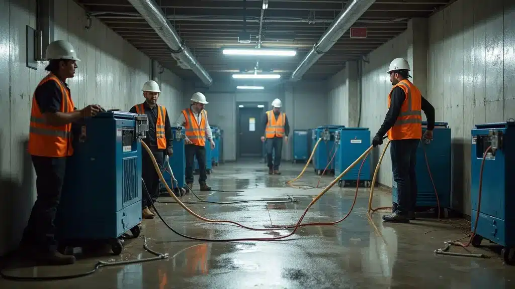 Professional water removal team using industrial dehumidifiers for basement flood cleanup in Columbia SC