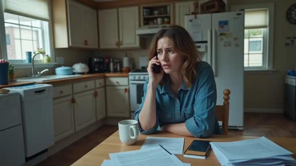 Frustrated Columbia SC homeowner on the phone about denied insurance water damage claim