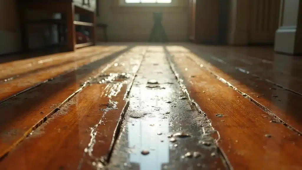 Closeup of water stains and warped floorboards—water damage in Columbia SC, photorealistic home hallway