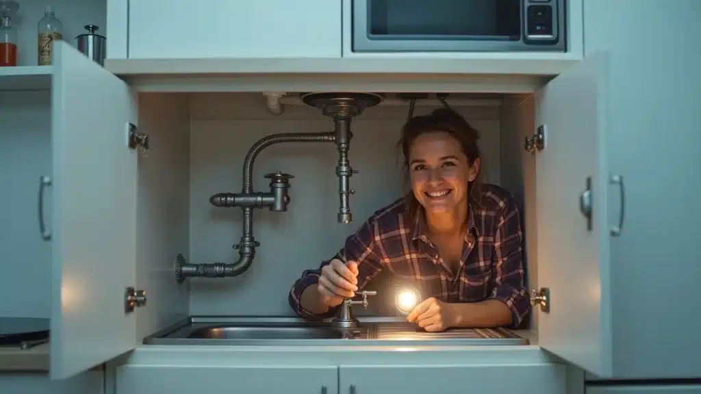 Optimistic homeowner inspecting plumbing under a kitchen sink, water damage prevention in Columbia SC, photorealistic, modern kitchen
