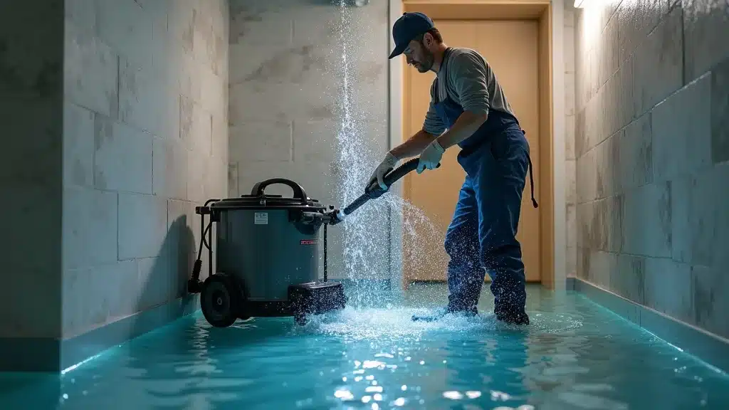 Technician removing water from a semi-submerged basement in Columbia SC using advanced water extraction equipment