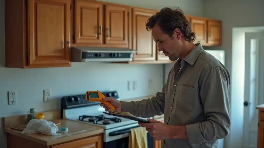 Professional insurance adjuster inspecting water damaged kitchen in Columbia SC—insurance water damage claim process