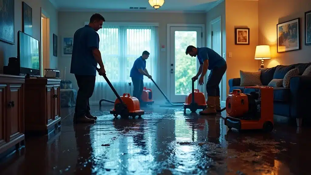 Water damage restoration experts deploying drying equipment in a flooded Columbia SC living room
