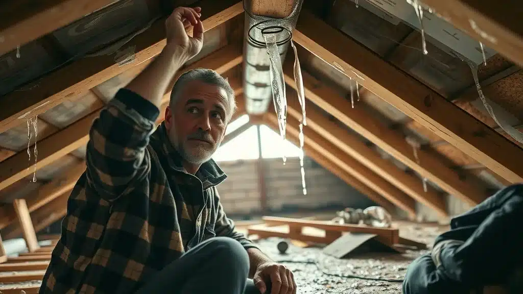 Concerned Columbia SC homeowner inspecting attic water damage after ice storm