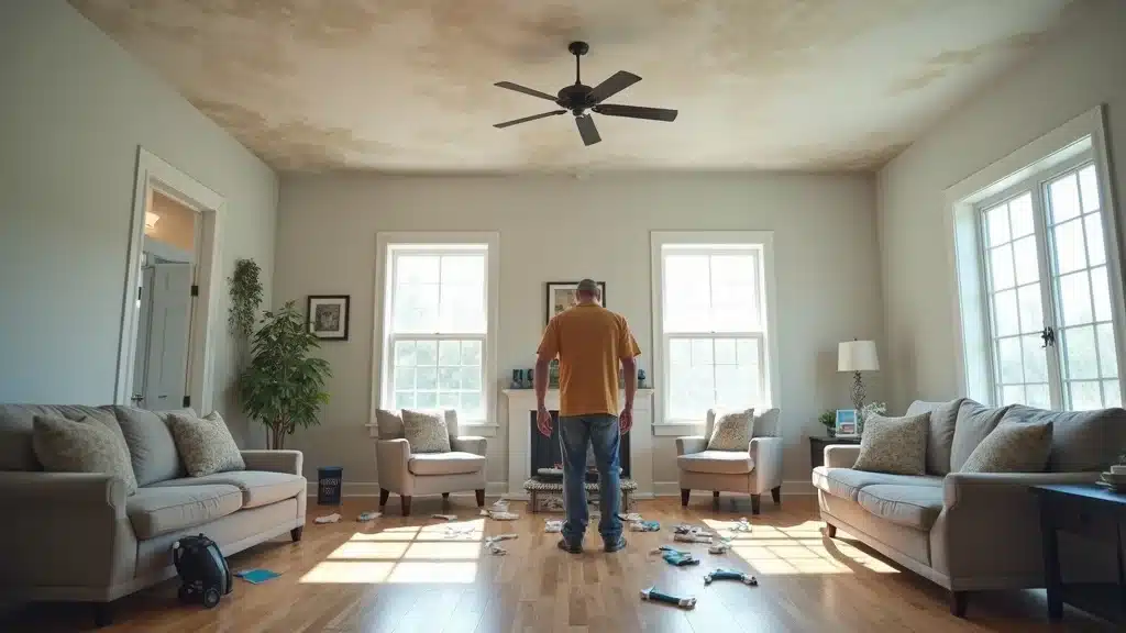 Columbia SC home interior with water damage, concerned homeowner examining ceiling stains—insurance water damage claims visual