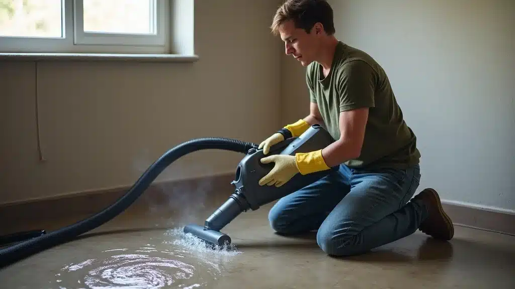 Homeowner carefully using wet/dry vacuum for water removal in a Columbia SC basement during flood cleanup