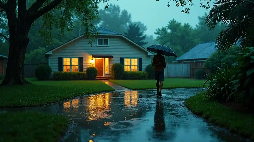 Columbia SC home during heavy rain, homeowner checking for potential basement flooding to prompt water extraction