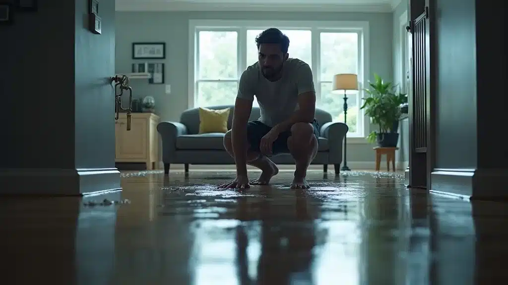 Dramatic flooded interior of a modern Columbia SC home — Concerned young homeowner inspecting water-damaged floors, water damage cleanup, photorealistic, bright living room