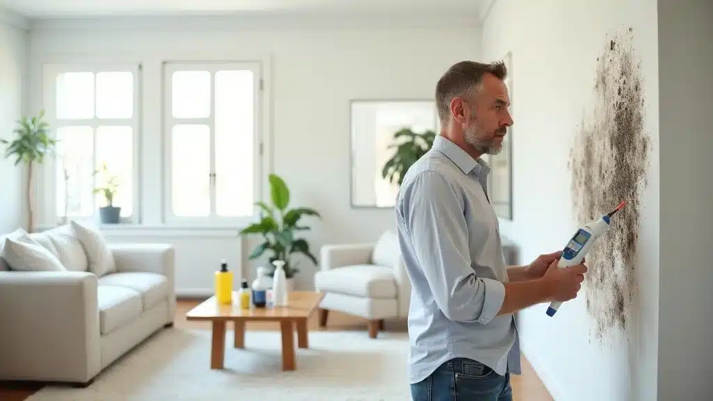 A man using a cleaning tool on a white wall with black mold stains in a bright, modern living room with plants and a coffee table in the background.