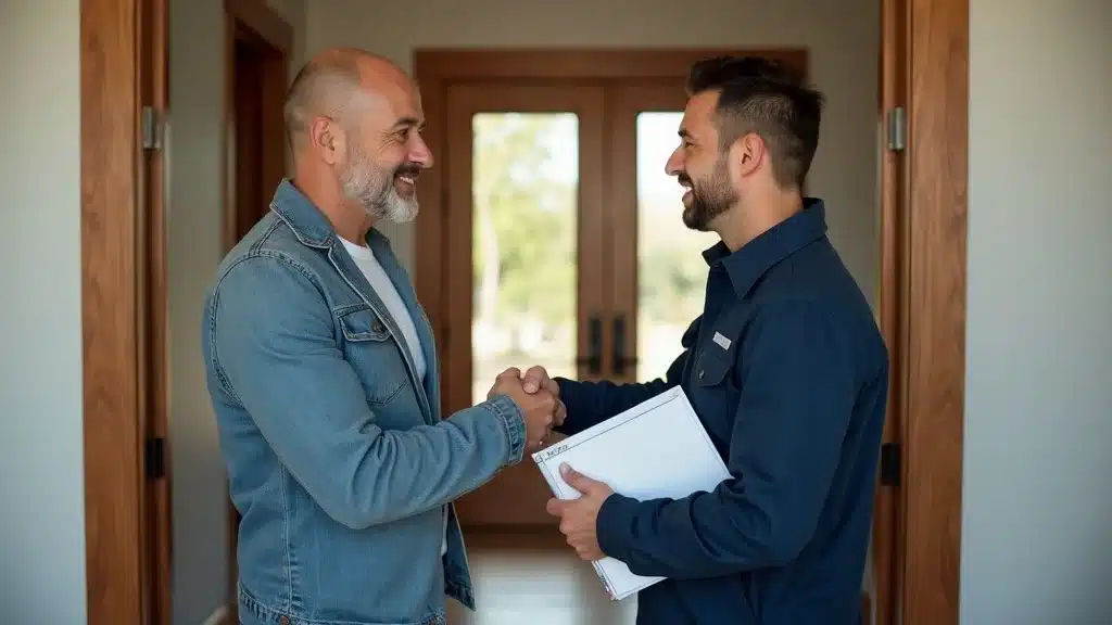 Reassuring homeowner shaking hands with professional water damage contractor — water damage restoration, Columbia SC, smiling, paperwork