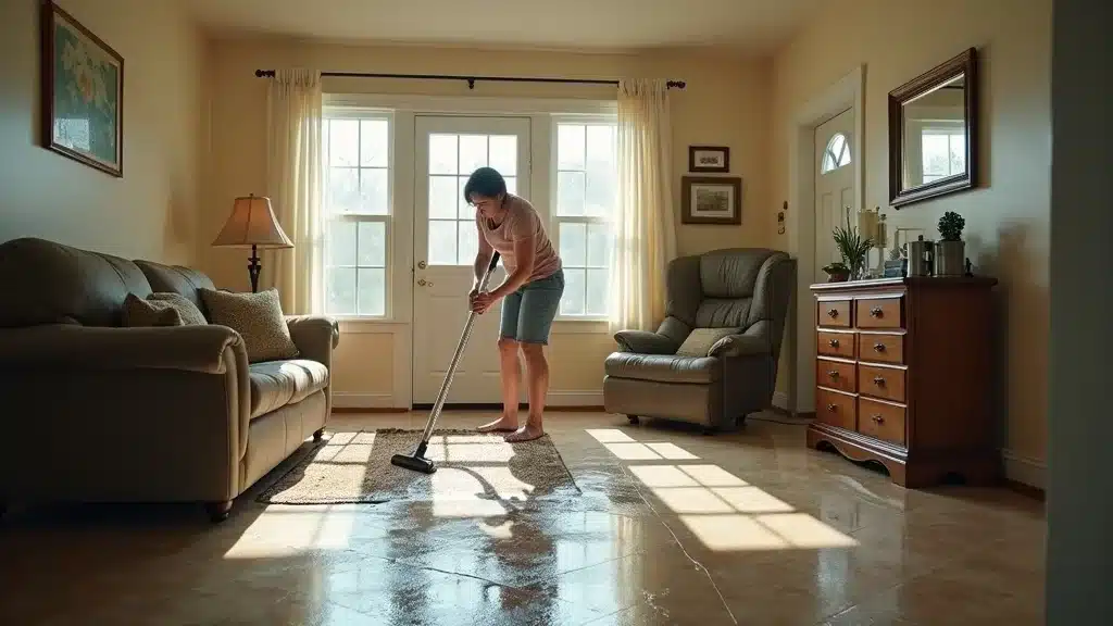 Worried homeowner using wet vac to remove standing water after flooding, representing urgent water damage repair needs in Columbia SC