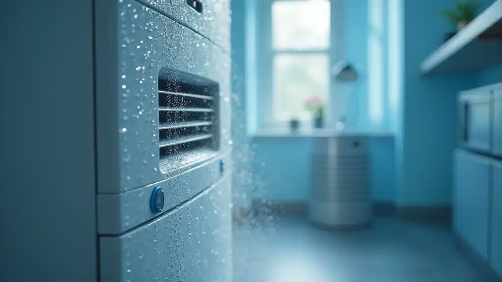 Modern dehumidifier unit in Columbia SC water damage restoration — condensation, evaporation, crisp metallics and clean, minimal room detail.