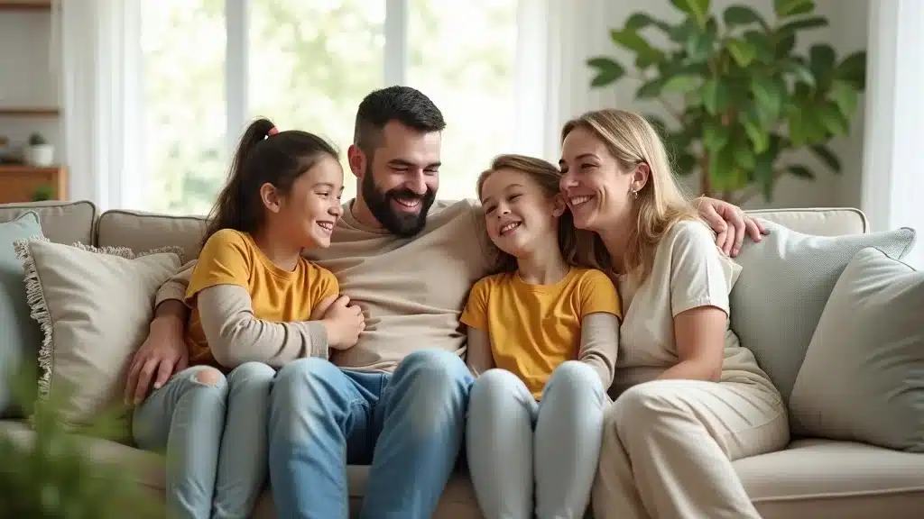 Happy family in a dry, well-maintained Columbia SC home, demonstrating success with water damage prevention tips