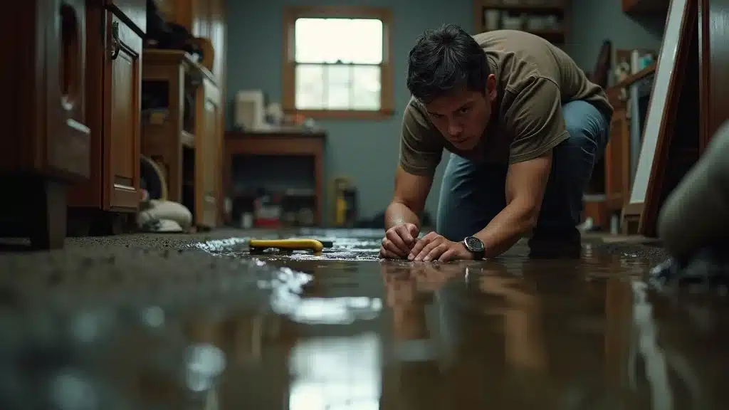 Detailed close-up of a flooded basement in Columbia SC with homeowner inspecting water-damaged floor, reflecting the need for water damage prevention tips