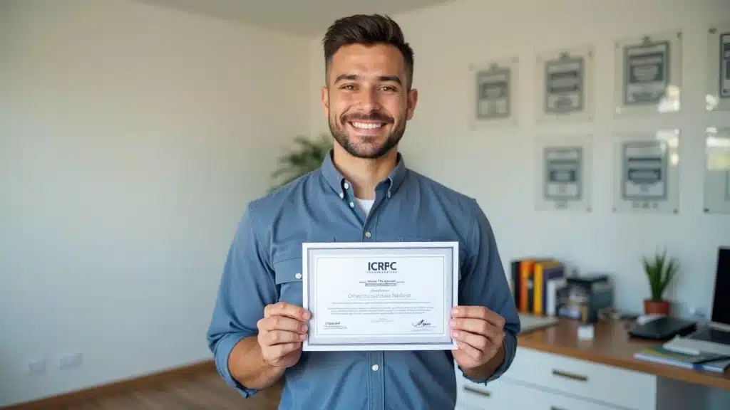 Certified water damage contractor in Columbia SC holding IICRC certificate — professional, clean office setting with restoration tools and certificates visible.