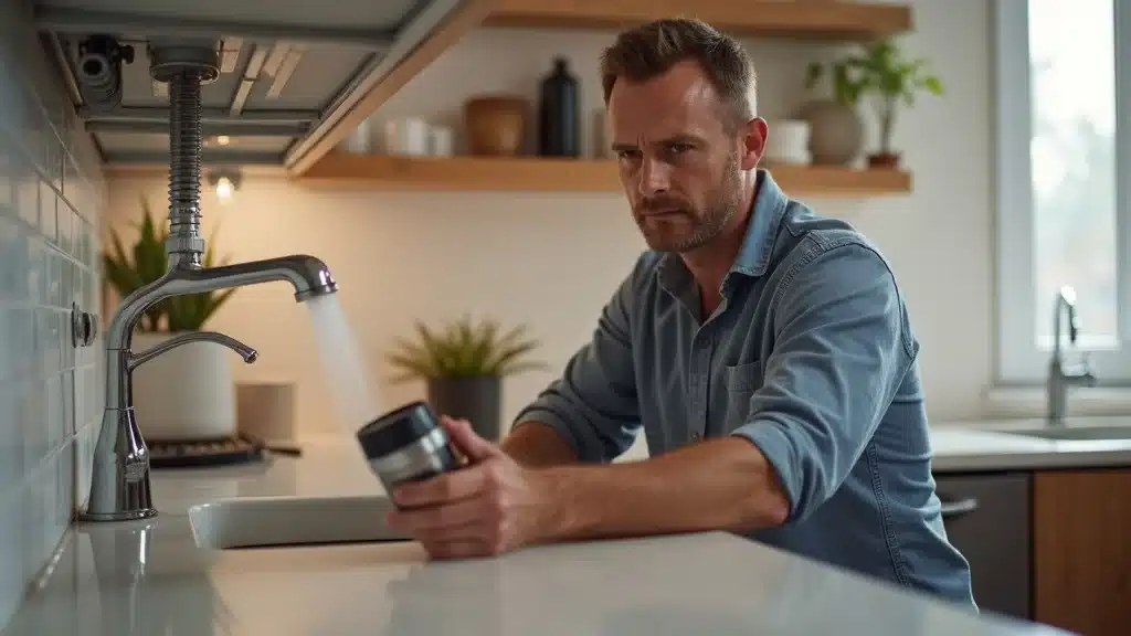 Proactive homeowner conducting plumbing inspection under sink in a Columbia SC kitchen – highlights routine water damage prevention tips