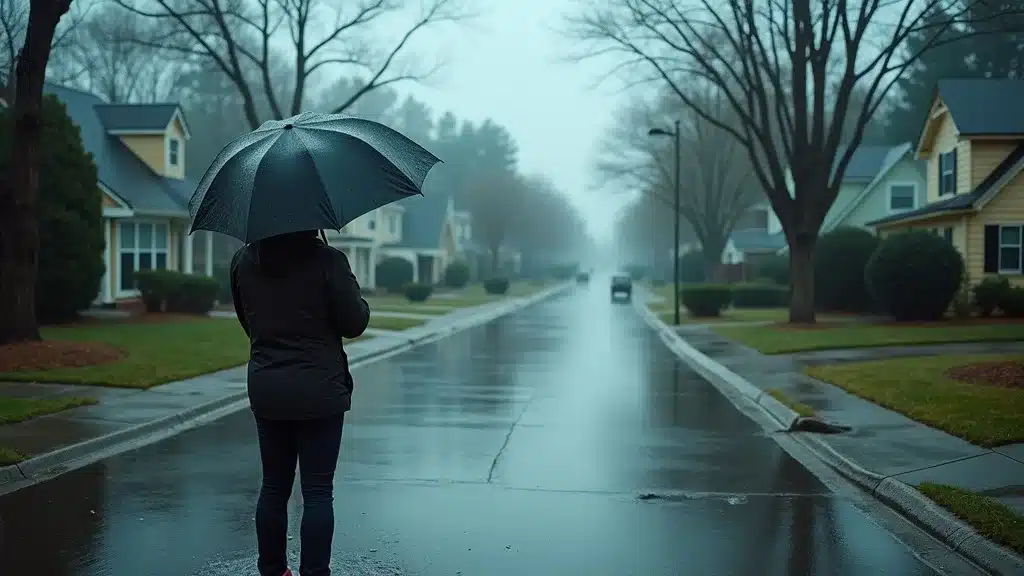Informative residential neighborhood flooded during storm – concerned homeowners observing their property in Columbia SC, demonstrating the urgency for water damage prevention tips