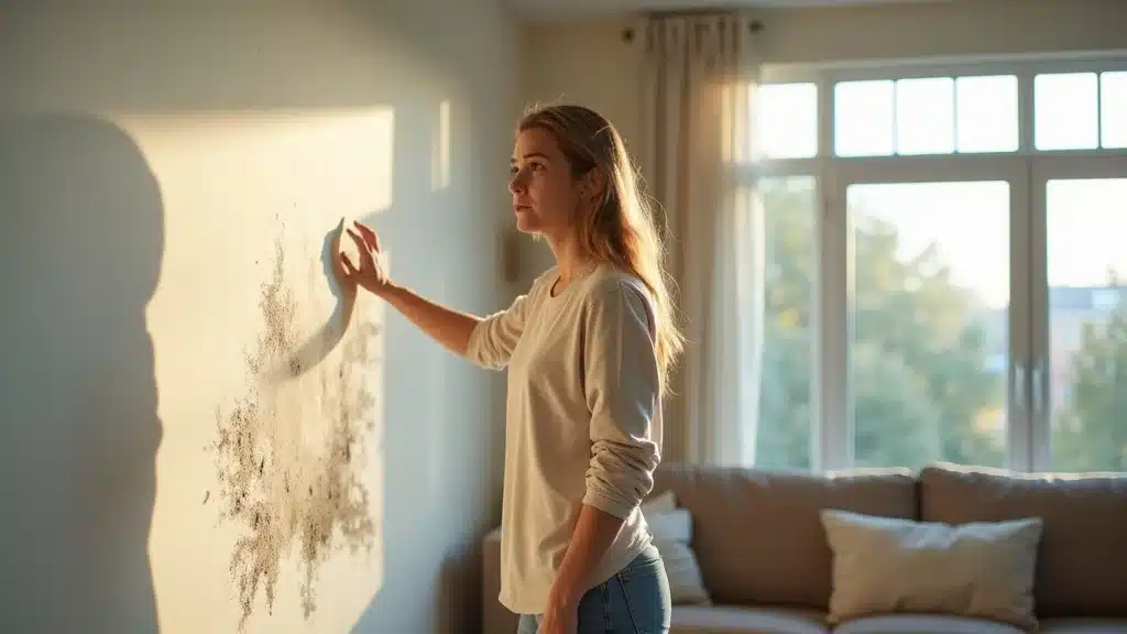 A woman touches a wall with a large patch of mold in a well-lit living room. Sunlight streams through a window, illuminating the scene. A beige sofa sits in the background.