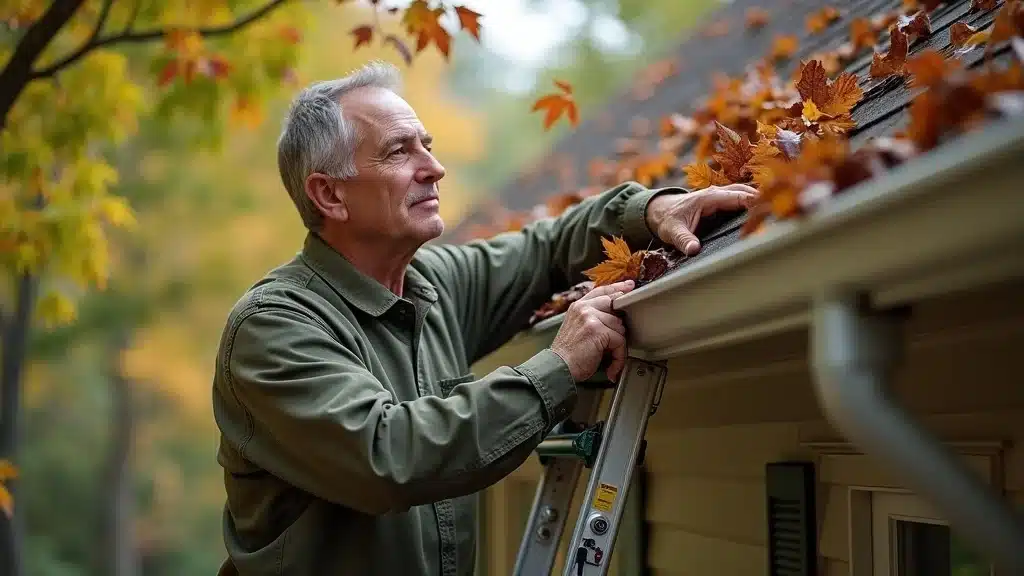 Vigilant homeowner examining gutters on Columbia SC home during autumn, preventing water damage through regular maintenance
