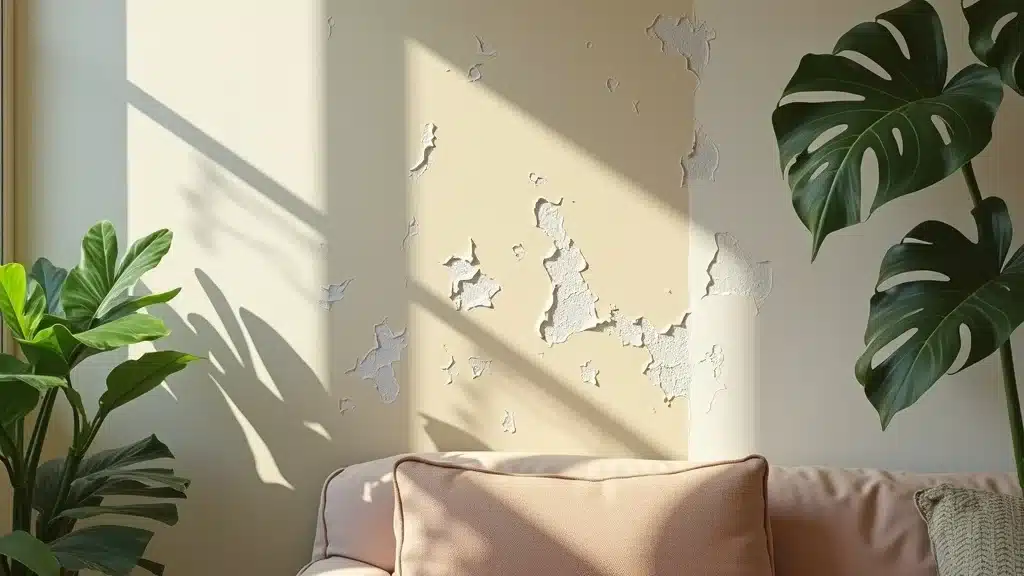 Signs of water damage in Columbia SC home—peeling paint, condensation on window, excess moisture, vivid photorealistic interior.