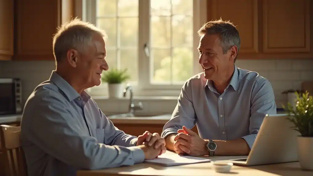 Confident insurance agent and homeowner reviewing insurance cover for water damage repair in Columbia SC at a bright kitchen table